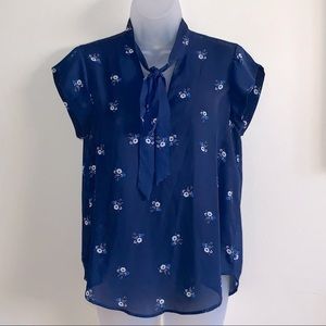 Navy Blue Pussy Bow Blouse w/ Floral Print by Lily White - Sz. S